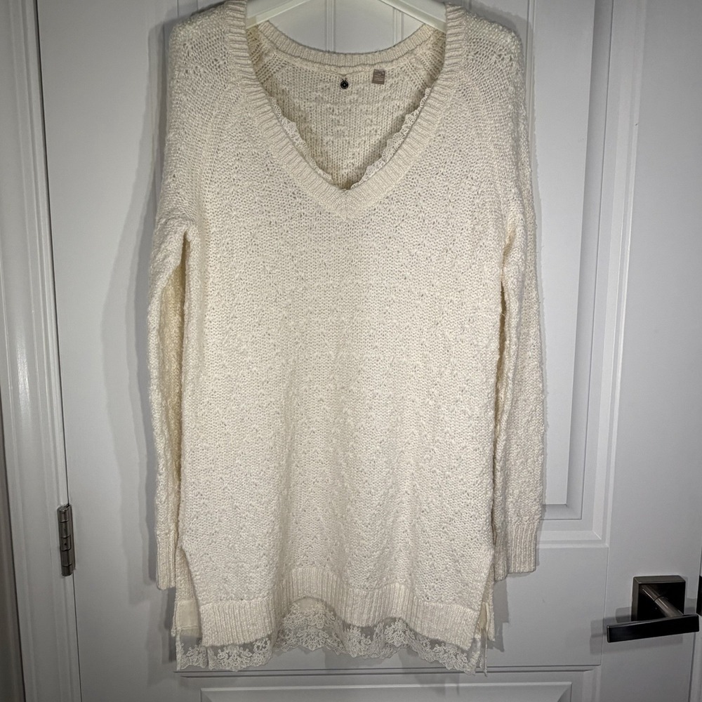 Anthropologie‎ Knitted & Knotted Ivory Sweater XS, Deep V, Lace Bohemian Angelic